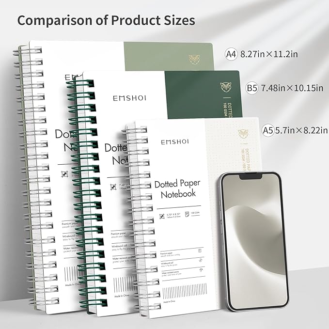 EMSHOI Spiral Notebook Dotted journal, A5 Dotted Grid Notebook with 300 Pages, 100gsm Thick Paper, Waterproof Softcover Notebook for Journaling, 5.7" × 8.22" - Transparent