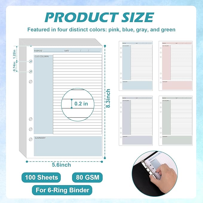 100 Sheet Cornell Notes Refill Paper A5 Planner Inserts for 6 Ring Binder 0.2" Spacing A5 Loose Leaf Paper Cornell Notebook Refills Taking System Filler Paper Bulk for School Office Business 80gsm