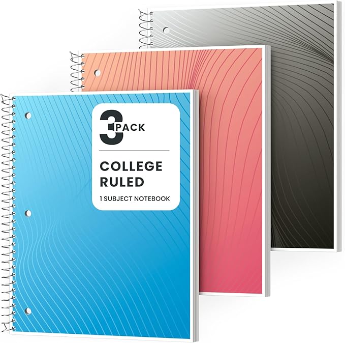 Oucaru Spiral Notebook College Ruled, 3 Pack, 1 Subject, 70 Sheets 8-1/2" x 10", 3 Hole Punched, Lined Journaling Notebooks, for Writing, Home & Office, School Supplies