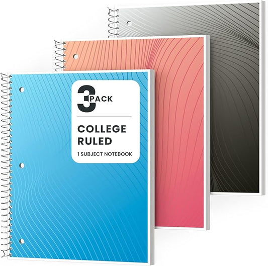 Oucaru Spiral Notebook College Ruled, 3 Pack, 1 Subject, 70 Sheets 8-1/2" x 10", 3 Hole Punched, Lined Journaling Notebooks, for Writing, Home & Office, School Supplies