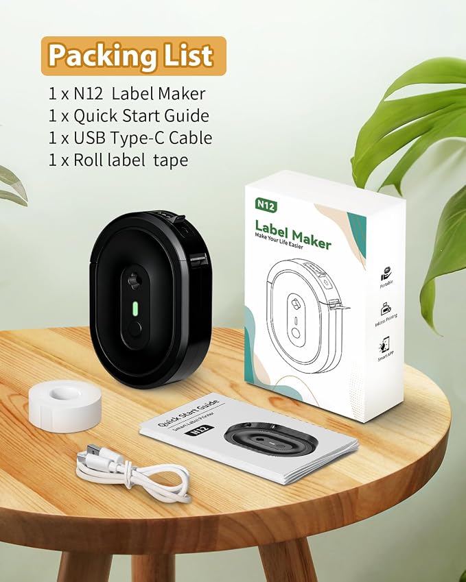 Label Maker N12 Bluetooth Thermal Label Printer, Black | Portable Label Maker Machine with Tape, Creative Templates for School Supplies, Kitchen, Pantry, Storage, Files and Business