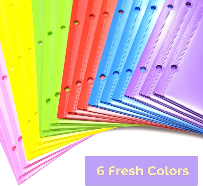 Heavy Duty Plastic Folders with Clear Front Pocket - 6PCS, 3 Pockets Folders with 3 Holes Fits 3 Ring Binder, Includes Card Slot, for Letter Size Sheets, Assorted Bright Colors