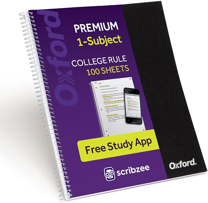 Oxford Spiral Notebook with Free Study App, 1 Subject, College Ruled, Ultra Smooth Paper, No Ink Bleed-Through, Strong Poly Black Cover, Durable 2 Sided Pocket, 100 Easy Perforated 8.5" x 11" Sheets
