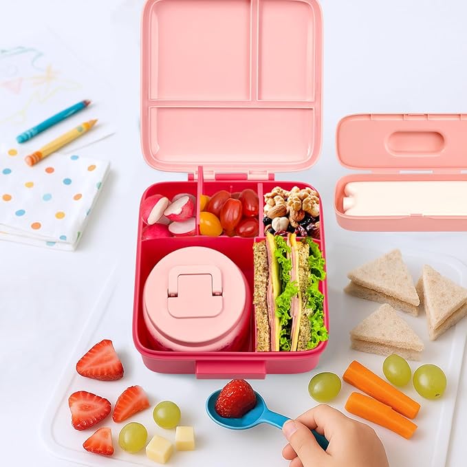 JXXM Bento Lunch Box for Kids with 8oz Soup Thermo,Leak-Proof Lunch Containers with 5 Compartment,Thermo Food Jar Food Containers for School (Pink-Jellyfish)