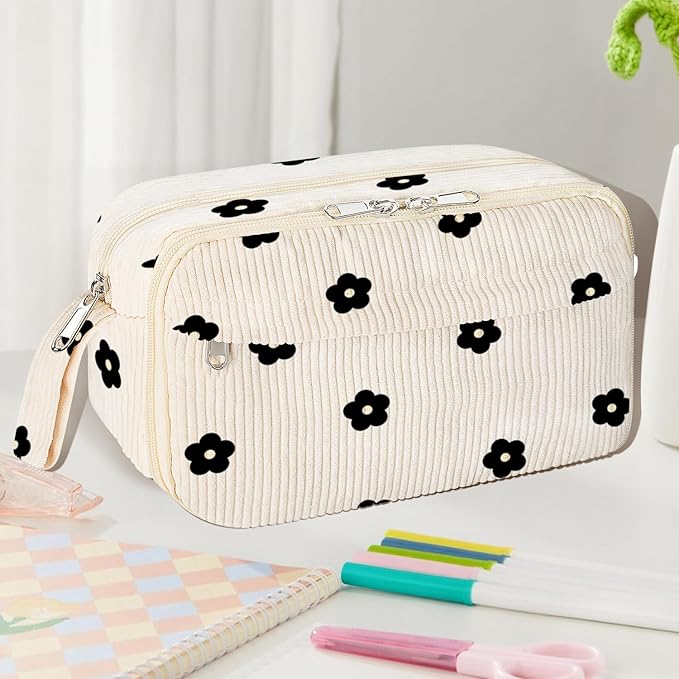 Large Pencil Pouch for Girls,Cute Corduroy Pencil Case Pouch Aesthetic Soft Pencil Bag for School, Zippered Pencil Organizer School Supplies for Girls Women Gift (black floral)