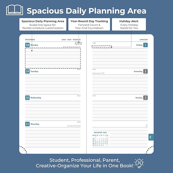 Planner 2026-2027 Daily Weekly and Monthly,6.5"x3.75",18 Months Spiral Bound Calendar Agenda with Self-adhesive Pen Holder,2026 Academic Plan with Vegan Leather Soft Cover,Blue