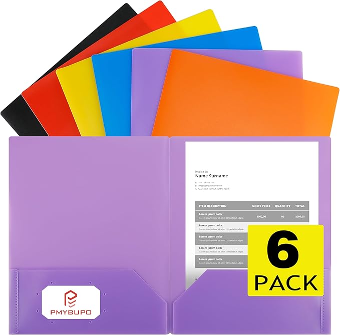 pmybupo 6 Pack Plastic Folders with Pockets,6 Colors Durable Heavy Duty File Folders with Business Card Holder,2 Pockets for Letter Size Paper for Office High School