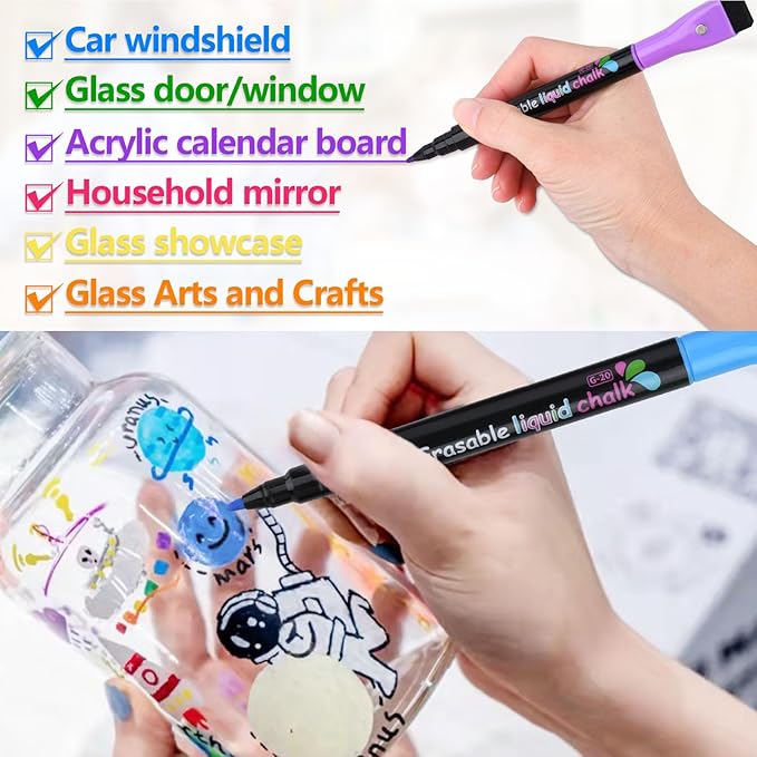 Magnetic Wet Erase Markers, Liquid Chalk Markers Ultra Fine Tip for Acrylic Calendar, Whiteboard Marker with Erasers Cap for Planning Board, Clear Glass, Low Odor Fine Tip Wet Wipe Pens, 8 Pack