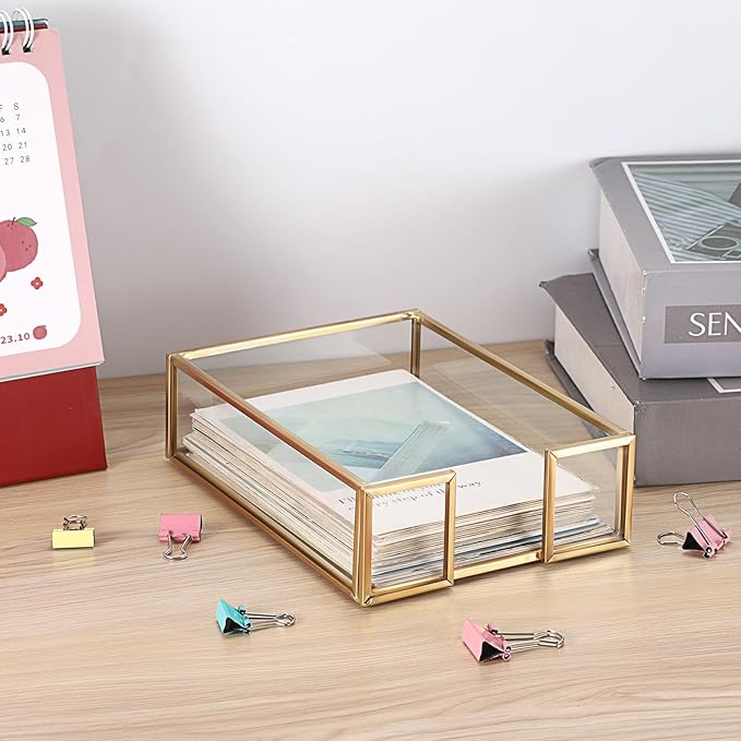 BTSKY Golden Glass Sticky Note Holder for 4x6 Inch Sticky Notes, Elegant Post It Note Dispenser with Non-Slip Pads Clear Notepad Holder for Desk Organization Planning, Home Office Decor