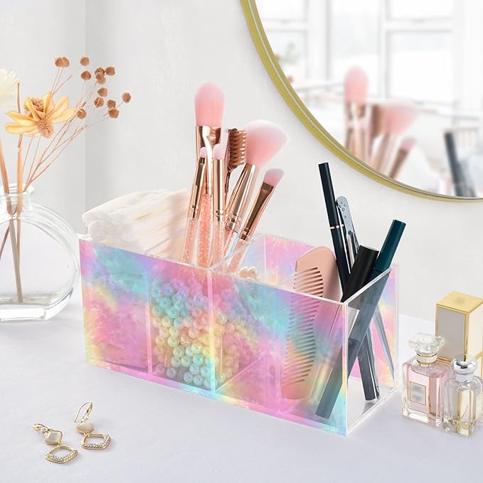 Aslsiy Tie Dye Spiral (19) Pen Holder for Women 4 Compartments Acrylic Pencil Holder Clear Makeup Brush Holder Desk Organizer Office Supplies