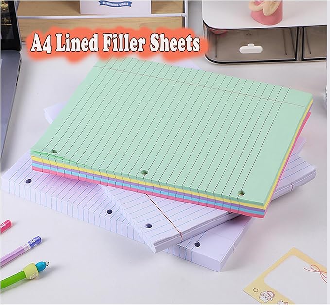 Loose Leaf Paper, 300 Sheets, Wide Ruled, 8" x 10.5", 6 Pack, 70gsm Notebook Paper Filler Sheets, 3 Hole Punched, 50 Sheets/Pack, Wide Ruled Office Filler Writing Notepads for 3 Ring Binder, Yellow