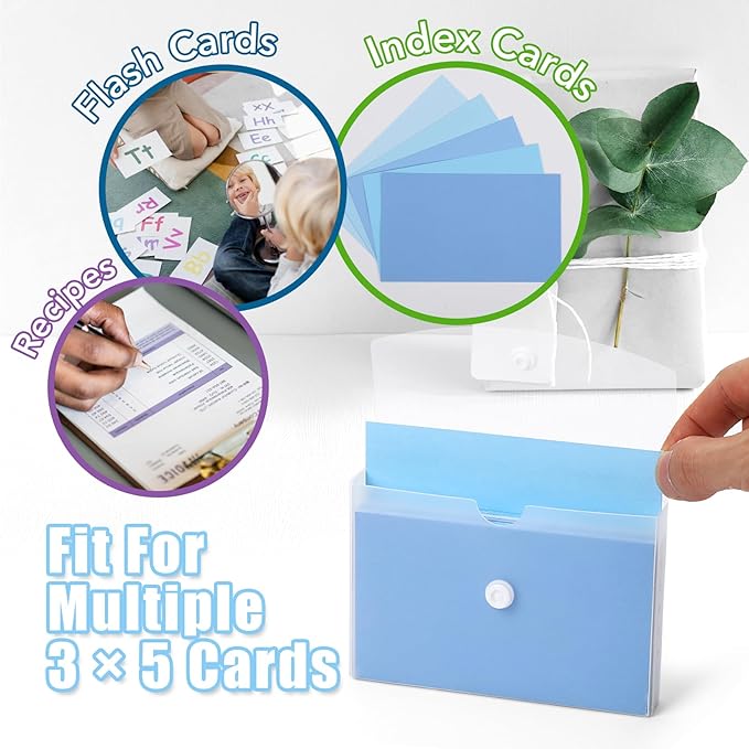 AmazonBasics 100 Pcs 3x5 Blue Plastic Note Card Organizer with Clear Index Card Case, 5 Color Note Cards, Blank Flash Cards, Study Cards, Tab Dividers