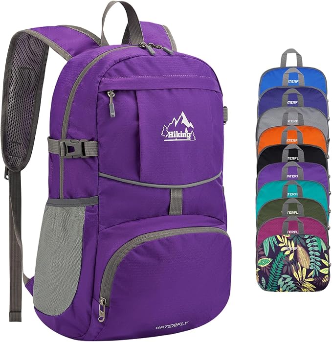 WATERFLY Hiking Packable Daypack Backpack: 25L Ultra Lightweight Day Pack for Women Men - Small Compact Folding Back Pack for Outdoor Sport Cycling Camping Travel Trip - Purple