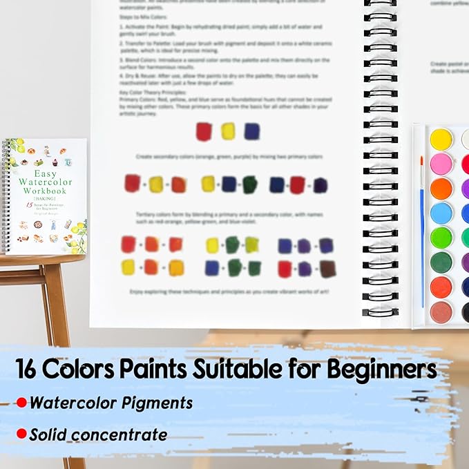 SLWBZ Watercolor Workbook Baking, 15 Different Patterns of Original DIY Designs, 16 Color Watercolor Paint Plates with Palette and Brush, Beginner-Friendly Watercolor Workbooks, Baking