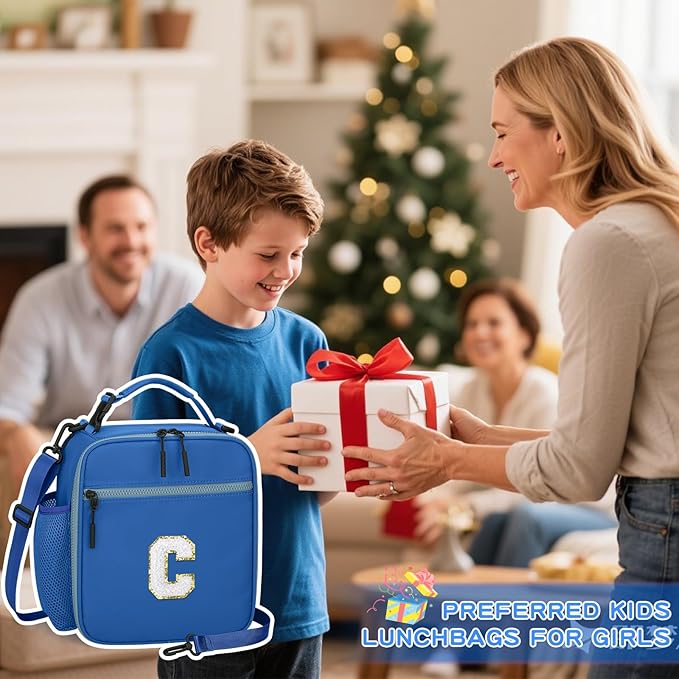 Initial Insulated Lunch Bag for Boys Kids, Back to School Gift, Reusable Leak-proof Lunch Box with Adjustable Strap for School Daycare Travel Picnic（Blue，C）
