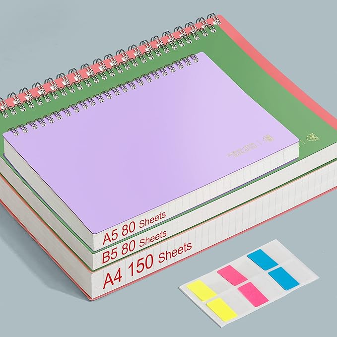 EMSHOI A4 Spiral Notebook College Ruled Lined Journal, 11.2" x 8.27", 300 Pages, 100gsm Thick Paper, Waterproof Softcover, Twin-Wire Binding, Sticky Notes, Purple