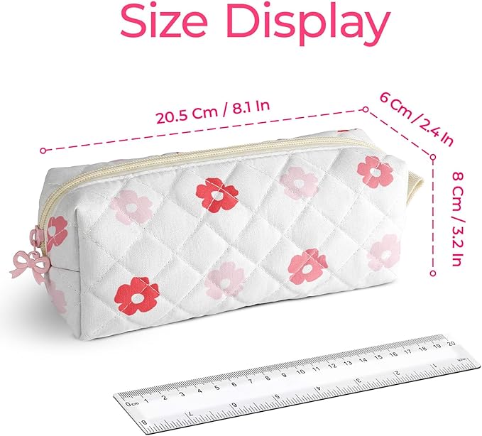 Cute Quilted Pencil Case for Girls Women, Aesthetic Small Floral Pencil Pouch,Slim Soft Pencil Bag for School Supplies Makeup Pouch for School & Daily Use (Big Pink Floral)