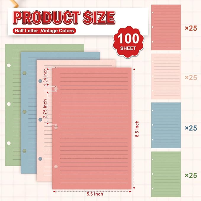 100 Sheets Mini Loose Leaf Paper 5.5 x 8.5 Mini Binder Paper 3 Ring Colored Lined Paper College Ruled 3 Hole Punched Lined Papers Small Notebook Refill Pages Planner Inserts for School Office
