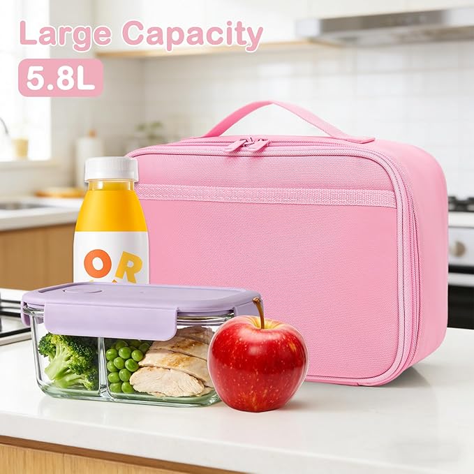 FlowFly Kids Lunch box Insulated Soft Bag Mini Cooler Back to School Thermal Meal Tote Kit for Girls, Boys, Pink