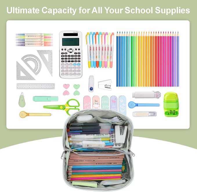 Large Pencil Pouch - 8 Compartments, Wide Handle Organizer Bag | Wide Open Pen Bag, Flexible Dividers & Side Pockets, Handle, 900D Fabric, College Supplies for Teens, Green