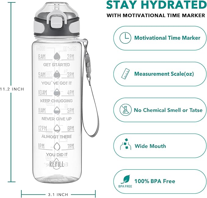 Enerbone 32 oz Water Bottle with Times to Drink and Straw, Motivational Drinking Water Bottles with Carrying Strap, Leakproof BPA & Toxic Free, Ensure You Drink Enough Water for Fitness Gym Outdoor