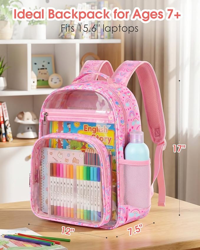 Soimeat Clear Backpack for Girls - Large Kids Clear Bookbag - Fabric & PVC Transparent Backpacks for Elementary School, Pink Rainbow