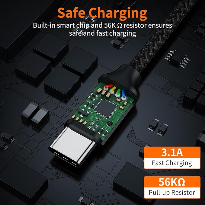 JXMOX Short USB C Cable (1ft 3-Pack), USB A to Type-C Charger Cord 3.1A Fast Charging Compatible with iPhone 15 16 Pro Max, Samsung Galaxy S22 S21 S20 S10 S9, Note 10, A80 A70 A50, Power Bank (Black)