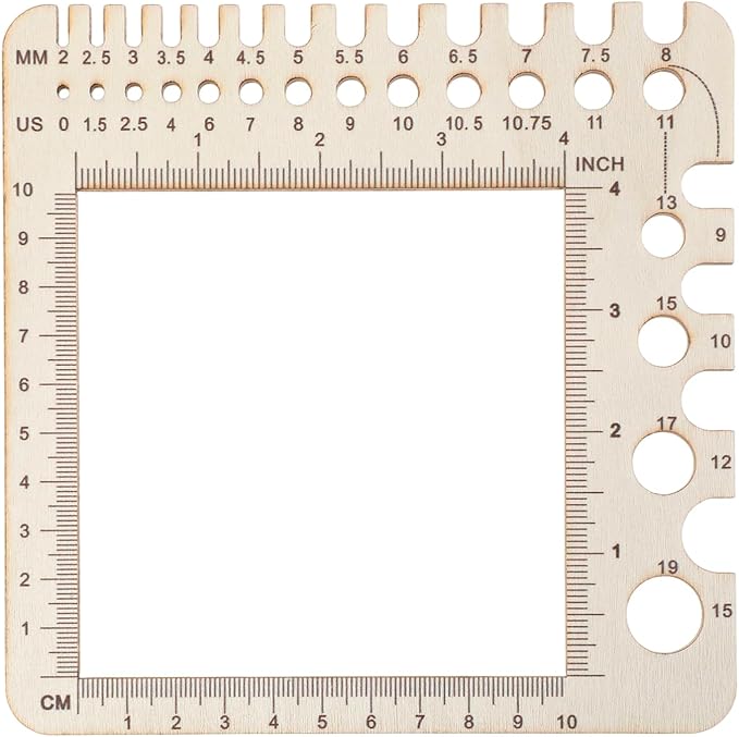 Wooden Knitting Crochet Gauge Ruler, Premium Pine Needle Sizer Stitch Counter Spinner Yarn Measure Tool with Circular Ruler & Rectangle Sizer for Crafting Projects (15cm/5.91in)