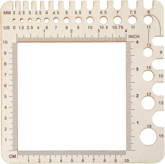 Wooden Knitting Crochet Gauge Ruler, Premium Pine Needle Sizer Stitch Counter Spinner Yarn Measure Tool with Circular Ruler & Rectangle Sizer for Crafting Projects (15cm/5.91in)