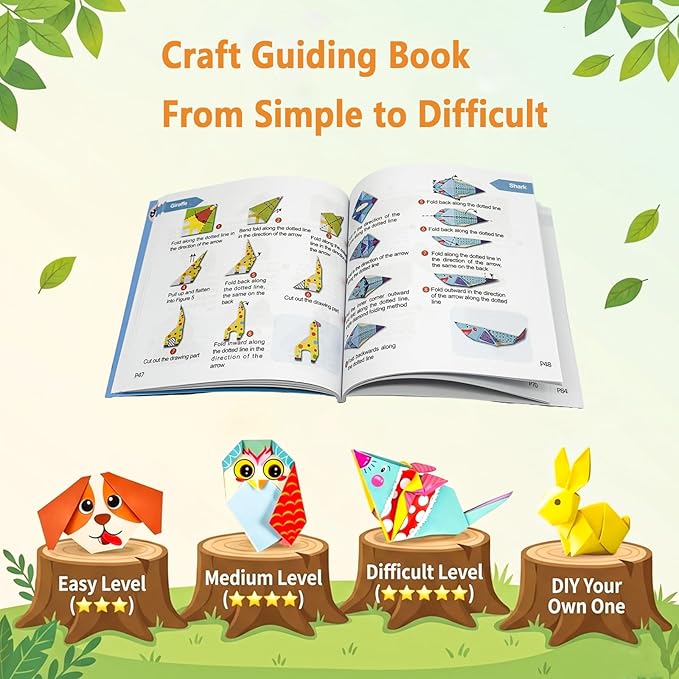 Origami Paper Kit for Kids Ages 5-8 8-12, 152 Sheets with 72 Patterns Guiding Book, DIY Art and Crafts Supplies, Colorful Folding Papers Set Projects Gifts Activity for Boy Girl Toys