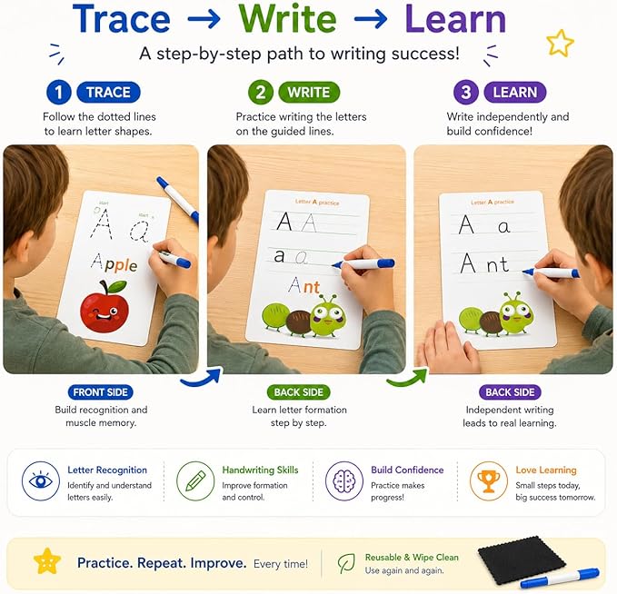 Write & Wipe Activity Cards for Kids, Reusable Tracing Flash Cards, Preschool Handwriting Practice Set, Letter Number Math Learning Activities Ages 3-6 (Letter Tracing)