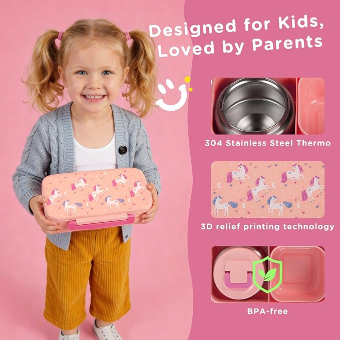 Bento Lunch Box for Kids With 8oz Food Thermo,BPA-Free for School | Lunch Container with 2 Compartments, Insulated Food Jar, Dishwasher Safe, Easy to Clean, Lunch Box for Girls Boys