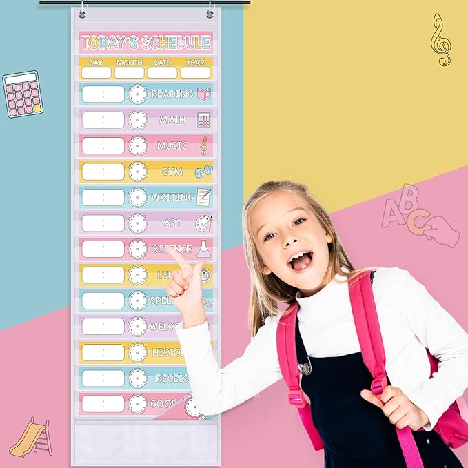 Pasimy Daily Schedule Pocket Chart for Classroom 15+1 Pockets with 31 Double Sided Reusable Cards 2 Magnetic Erasable Pens & Hangers Visual Schedule Chart School Office Home Decor (White,Pastel)