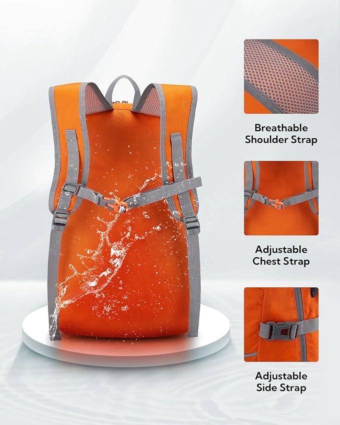 WATERFLY Hiking Packable Daypack Backpack: 25L Ultra Lightweight Day Pack for Women Men - Small Compact Folding Back Pack for Outdoor Sport Cycling Camping Travel Trip - Orange