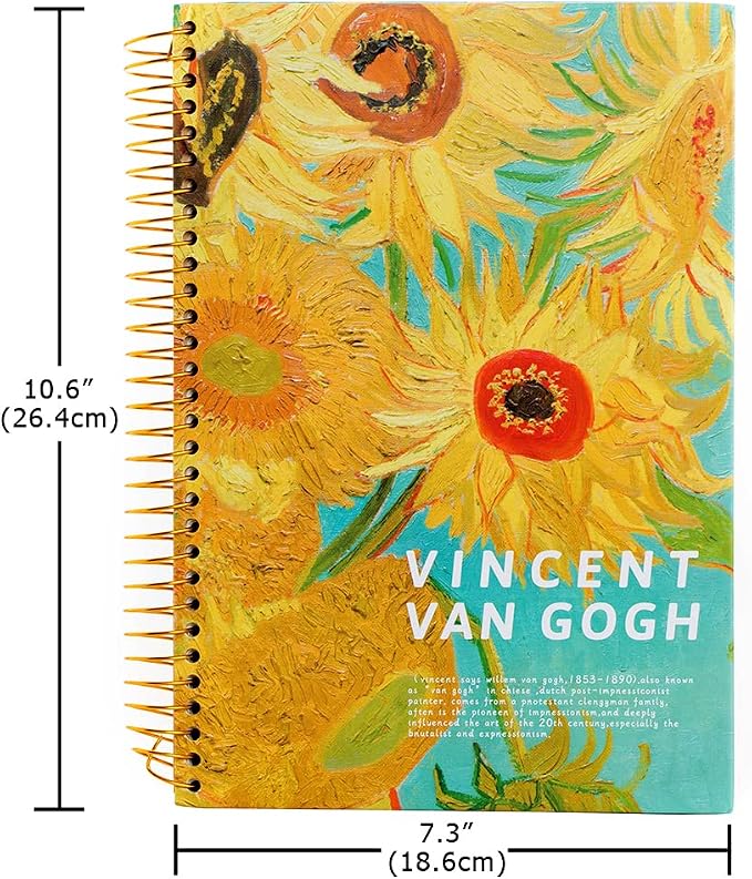 Large Sunflower Notebook Gifts for Women Van Gogh Notebook Hardcover Spiral Notebook Sunflower Journal 10.6" x 7.3" 300 Pages Spiral Journal Wide Ruled Notebook for Work,Gift,Office