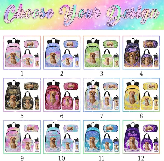 M YESCUSTOM Custom Girls Backpack with Pet Face Personalized School Bookbag with Lunch Bag Kids Backpacks for Girls Boys Elementary Preschool Cute Book Bag Daypack Travel Bag Water Bottle