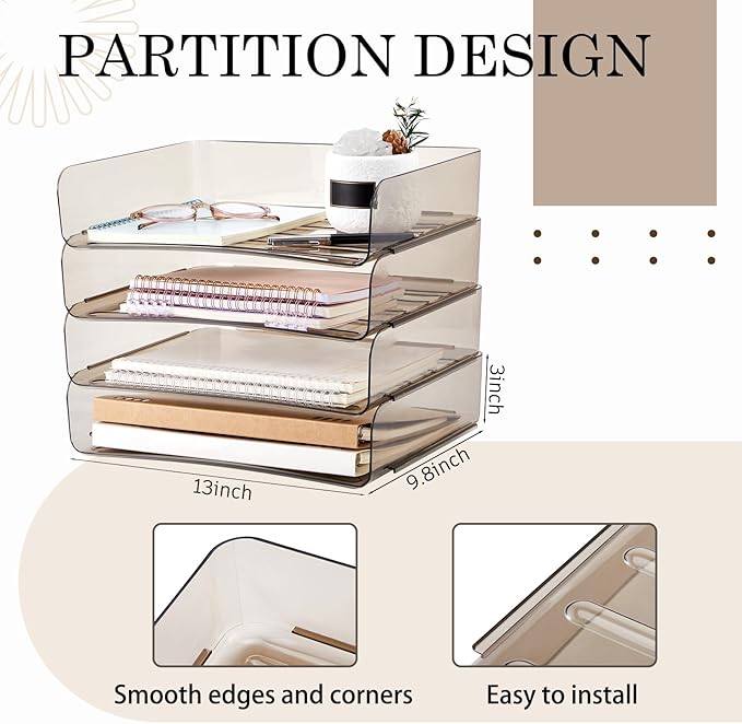 Harloon 4 Tier Clear Gray Acrylic Paper Organizer Letter Tray, Aesthetic Stackable Desk File Organizer Holder Office Tray for A4, Modern Home Office File Pad Books Notes, 13 x 9.8 x 3 Inches