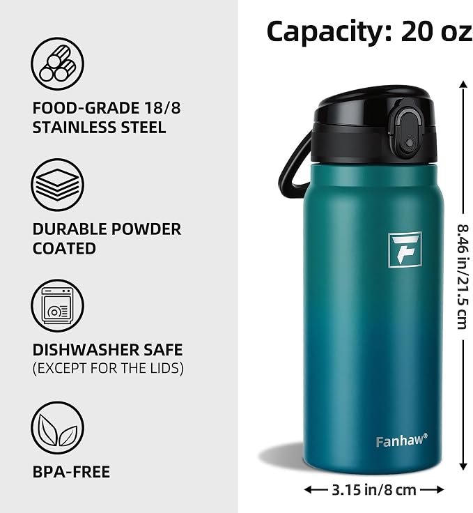 Fanhaw 20 Oz Insulated Stainless Steel Water Bottle with Chug Lid – Wide Mouth, Leak-Proof, BPA-Free – Ideal for Kids, Adults, Sports, Gym, and Outdoor Use (Green Blue)