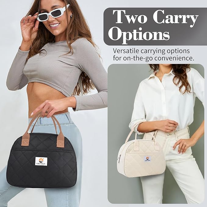 CaCTOUR Lunch Bag Women,Insulated Quilted Lunch Bag, Small Portable Cute Lunch Box,Cooler Bag Reusable Lunch Tote for Work/Travel/Picnic (Black)