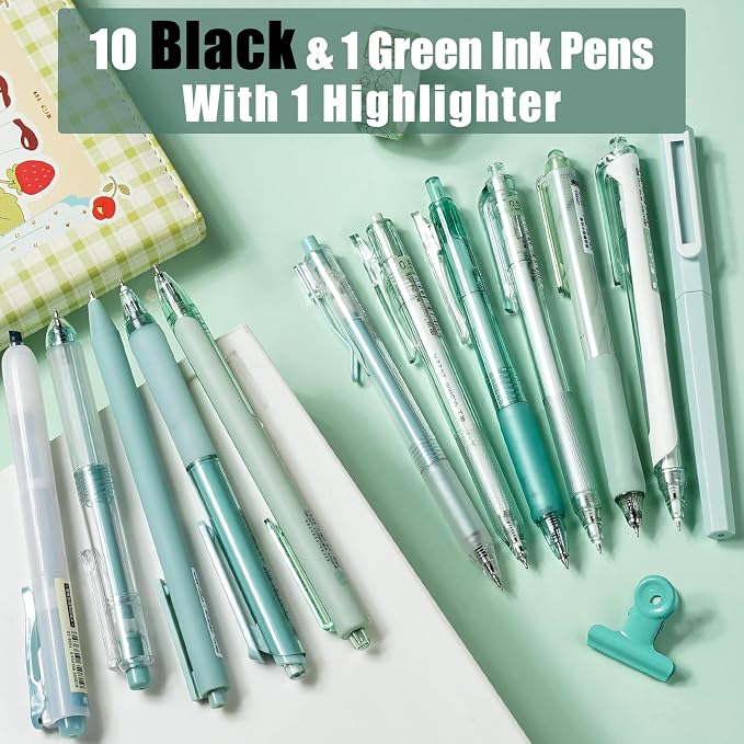 Four Candies Gel Pens, Cute Green Pens Black Ink, 0.5mm Fine Point, 12-Pack | Teal School Supplies, Office Essentials, Pen and Highlighter Stationery Set, Aesthetic Desk Decor & Accessories - Forest