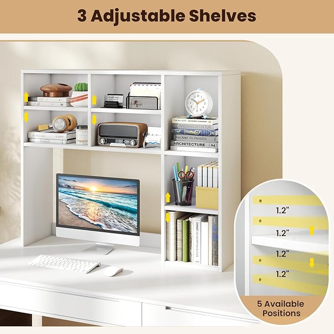 Giantex Desktop Bookshelf, Desk Hutch Dorm w/ 7 Cubes & 3 Adjustable Shelves, Desk Shelf for Up to 27" Computer Monitors, Wooden Desktop Storage Organizer for Dorm College Office Home (White)