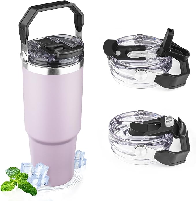 30oz Tumbler with Handle and Flip Straw Lid Double Wall Insulated Travel Coffee Mug Stainless Steel Vacuum Insulated Coffee Tumbler Cup for Hot and Cold Beverages,Leak-proof&BPA-free (30oz,Purple)