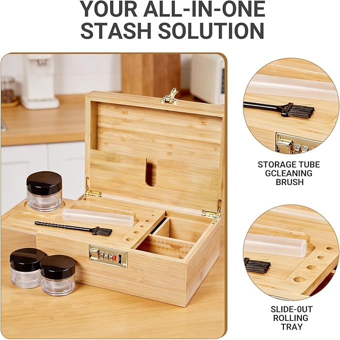 Bamboo Wood Desktop Organizer with 3 Glass Jars and Sliding Tray - Red Multi-Compartment Storage Case for Craft Supplies, Stationery, and Small Accessories (Natural wood colour)