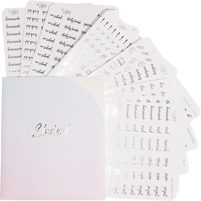 Student Planner Stickers - Clear Gold Foil - School - Study - Icons - Tests - Homework - Over 600 Stickers - Folder Included - Minimal - Golden Hour