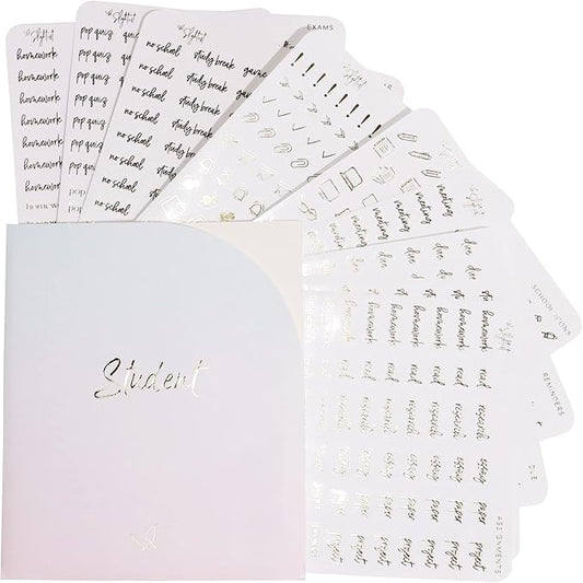 Student Planner Stickers - Clear Gold Foil - School - Study - Icons - Tests - Homework - Over 600 Stickers - Folder Included - Minimal - Golden Hour