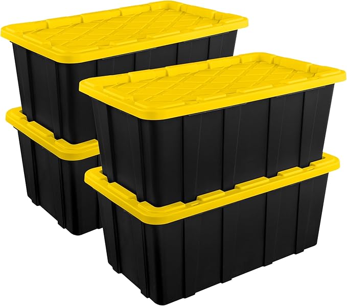 Sterilite 4-Pack Industrial Tote, Plastic Storage Container Bins with Lids, 38 Gallon - Heavy-Duty Organizing Containers for Closet, Bathroom, and Office