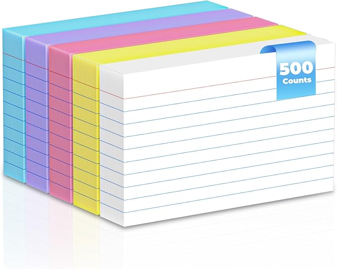 500 Count Index Cards 3x5 Inch Colored Ruled Lined Heavyweight Flash Cards Study Cards with Sturdy Cardstock Durable Flashcards Note Cards for Note Taking, Language Learning, School & Office Supplies