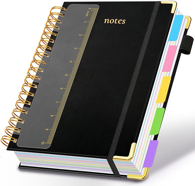 Hardcover Spiral Notebook 8.5"x11" Journal Notebook with Tabs and Removable Dividers 300 Pages 5 Subject Notebook College Ruled, Faux Leather Spiral Bound Notebook for Women School Work (Black)