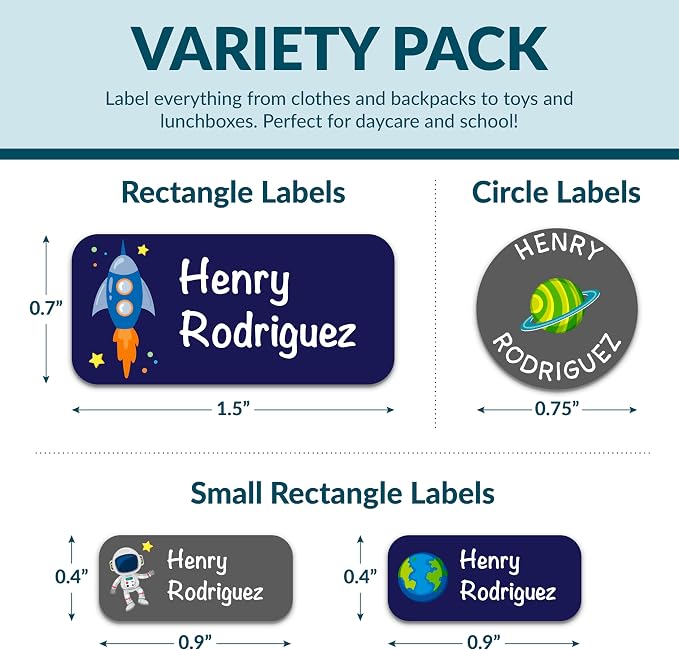 Personalized Waterproof Name Labels for Kids | Optional Packs 50, 150, 230 Labels | Custom Name Stickers for Kids' Clothing Tag, Water Bottle, Lunch Box, Customize Kid Name Label for Daycare Space