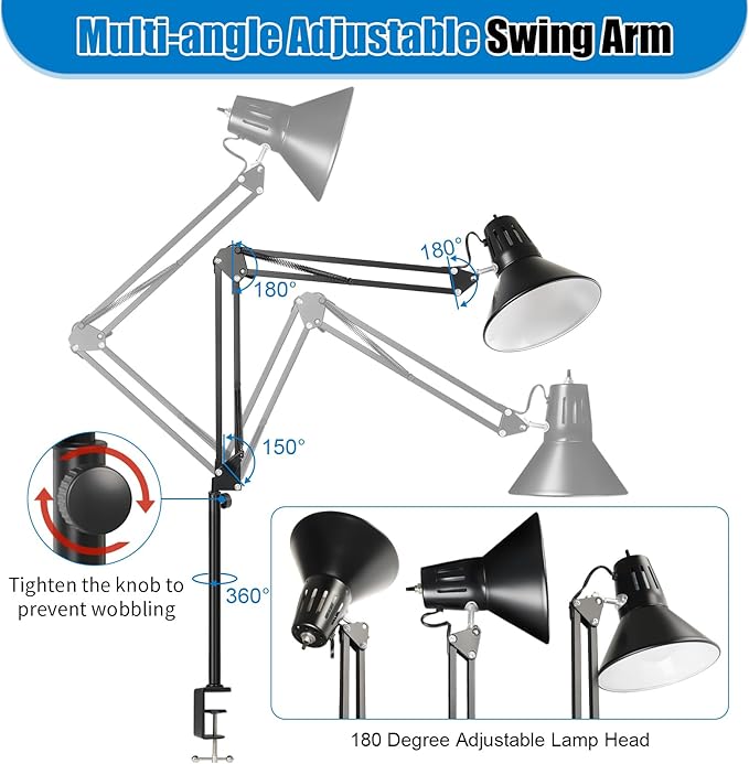 LED Clamp on Desk Lamp,360°Adjustable Swing Arm Desk Lamp,Clamp Light with Eye-Caring LED Bulb for Home Office Reading Drafting